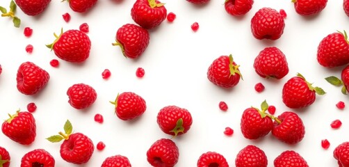 Intricate pattern of fresh raspberries scattered on pristine white background, closeup, antioxidant