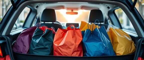 Grocery bags being carefully placed in a car's trunk,  lifestyle,  shopping