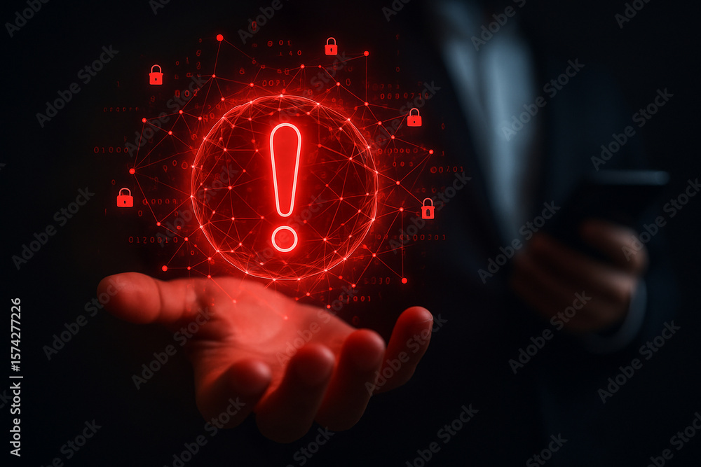 Poster red exclamation point in a sphere above a hand with locks and a person holding a phone in the dark