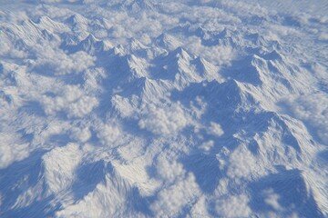High-altitude view of a snow-capped mountain range, blanketed in clouds.  A vast expanse of white peaks and valleys, with soft, diffused light