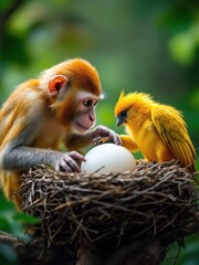 A monkey and a yellow bird looking at a white egg in a nest in a forest setting outdoors in nature