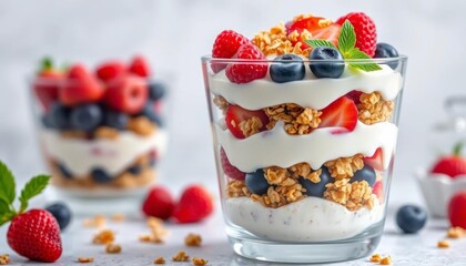 Layered parfait of yogurt, granola, and berries in a clear container, snack, diet
