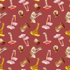 Seamless pattern with mushrooms, in watercolor style on a red background