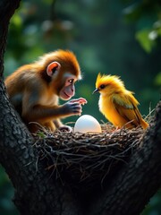 A curious monkey and a bright yellow bird gazing at an egg in a nest nestled in a tree branch