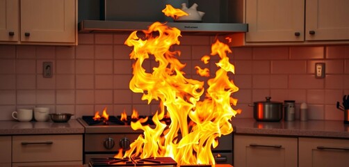 Kitchen fire raging, flames engulfing stovetop and cabinets,  soot,  burnt cabinet