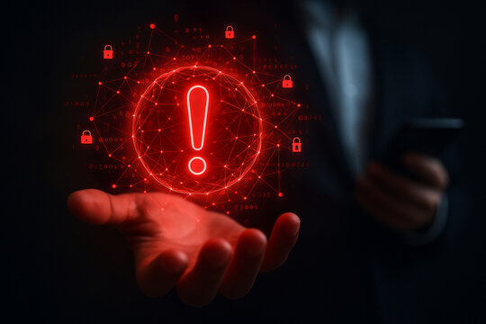 Red exclamation point in a sphere above a hand with locks and a person holding a phone in the dark