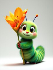 Cartoon caterpillar holding a large orange flower with a white background in a studio setting