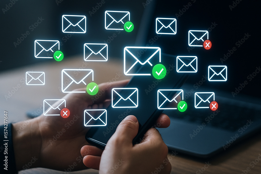 Poster person holding smartphone with email icons and checkmarks and x marks floating above the phone