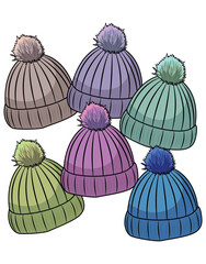 Colorful Knitted Winter Hats with Pom Poms on White Background