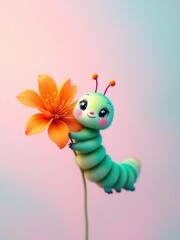 Cartoon caterpillar with big eyes holding an orange flower against a pastel background image view