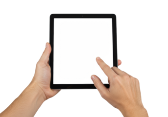 Two clean, well-manicured light-skinned hands, one supporting a black tablet vertically, the other's finger poised over a blank white touchscreen, isolated on a seamless transparent studio background