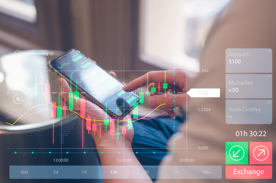 investment stock market data analysis concept, businessman using smartphone analyst virtual trading graph, trading online, financial mobile application platform