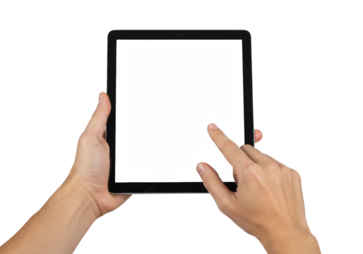 Two clean, well-manicured light-skinned hands, one supporting a black tablet vertically, the other's finger poised over a blank white touchscreen, isolated on a seamless transparent studio background