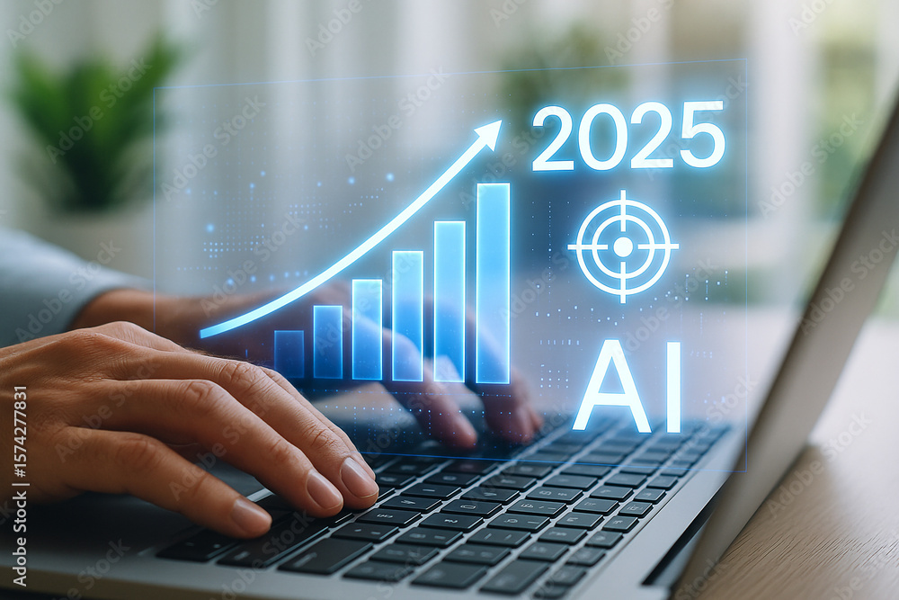 Poster hands typing on laptop with ai growth chart and target for year twenty twenty five overlayed image