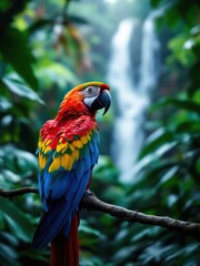 Scarlet macaw perched on a branch with a waterfall and lush foliage in the background in a tropical setting