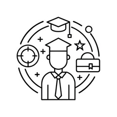 Graduation student with career goals and success elements isolated on white background