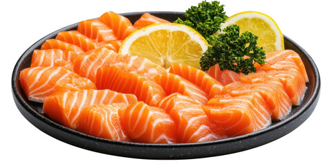 Salmon sashimi with lemon on transparent png background