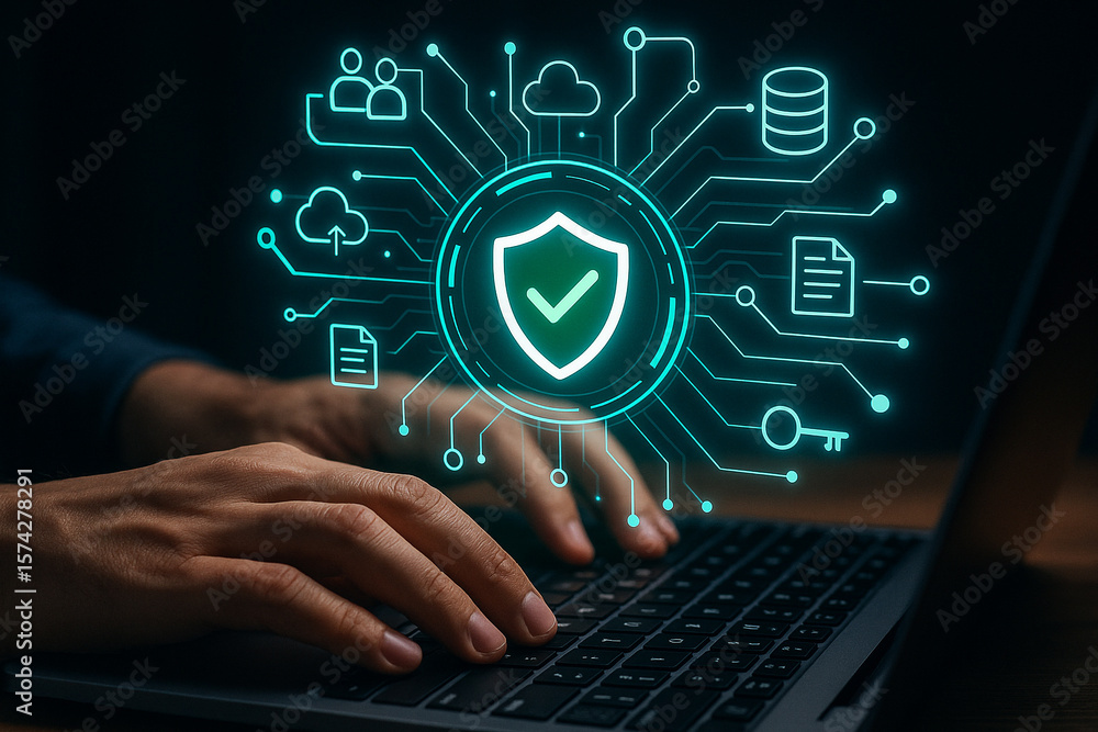 Poster cyber security data protection concept person using laptop with shield and checkmark for online safe
