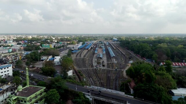 Aerial drone shot of Villupuram city railway station shot during early morning.