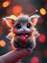 Cute furry creature with big eyes holding a heart on a finger with bokeh background lights