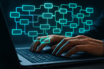 Hands typing on laptop with flowchart overlay for software development and data analysis concept design