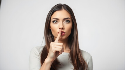Fototapeta premium Shush gesture. Female secret. Pensive brunette woman showing shhh with finger at lips isolated on white copy space background. Keep quiet. Taboo topic. Trust betrayal.. Generative AI