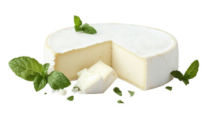 White cheese with fresh green mint leaves isolated on white background
