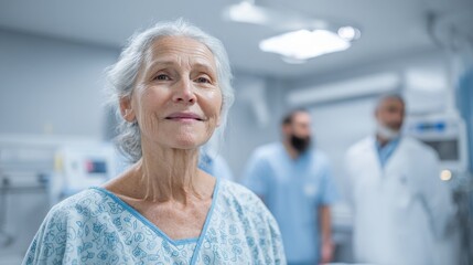 Elderly patient wearing gown during routine checkup, medical team preparing equipment nearby..