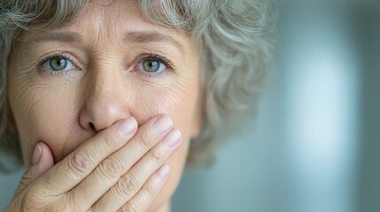 Elderly person with hand over mouth, expressing discomfort from sensitive gums, natural soft light..