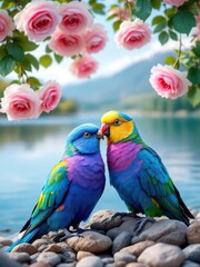 Two colorful birds perched on rocks with pink roses and a lake in the background on a sunny day