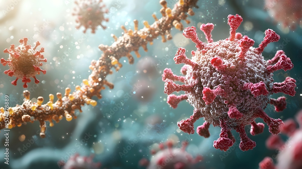Poster close up view of a detailed microscopic image showcasing the molecular structure of a virus