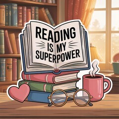 "Reading is My Superpower" Sticker Design with Books, Coffee, and Glasses