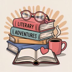 "Literary Adventures" Books Stack Sticker with Glasses and Coffee