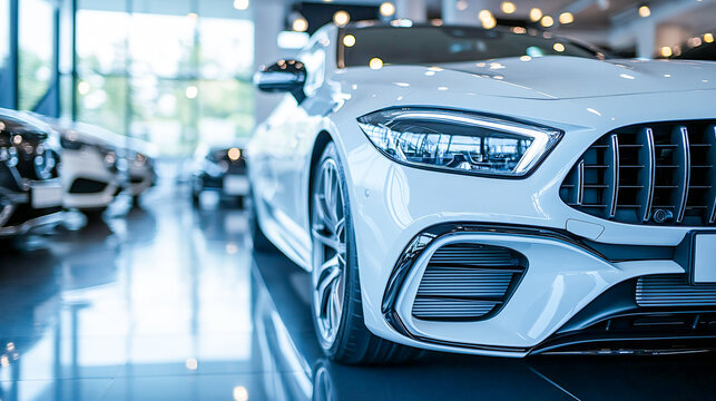 Cropped image of new car in dealer's showroom. Detail of luxury car for lease in rent office. Car sales business
