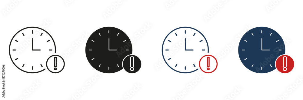 Poster time management, urgency, and deadline alert symbol collection. clock with exclamation mark line and