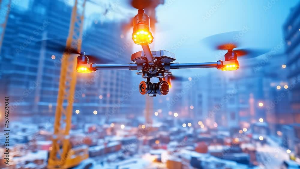 Poster quadcopter drone with illuminated navigation lights hovering above construction site with cranes and
