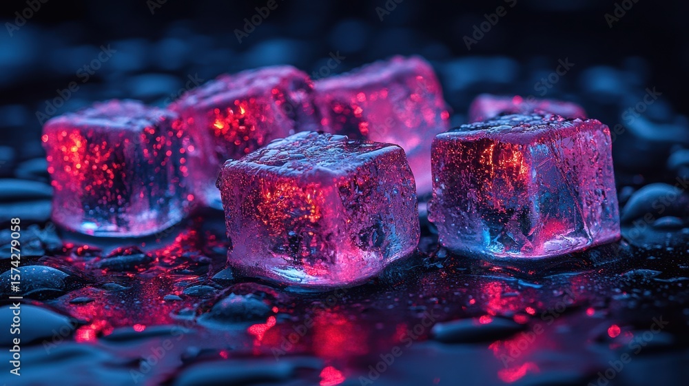 Poster cold ice cubes reflecting a red light on a black wet surface creating a mesmerizing still life compo
