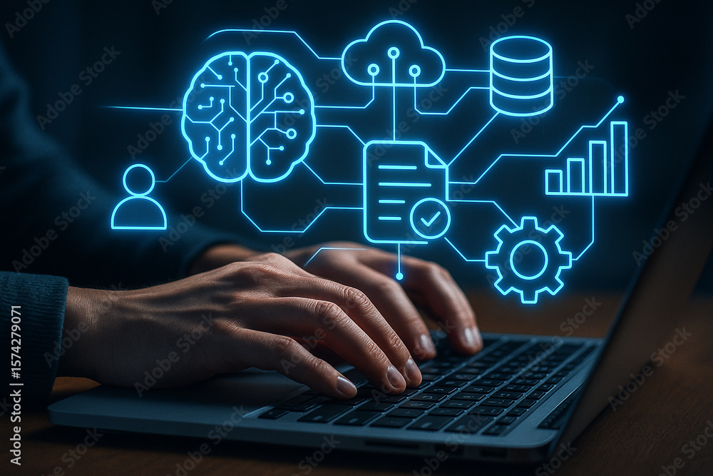 Poster artificial intelligence and machine learning concept with person typing on laptop keyboard