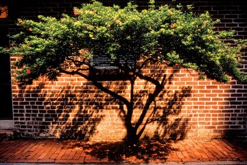A lush tree casts dramatic shadows on a brick wall, bathed in sunlight