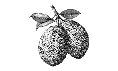 Hand-drawn jackfruit sketch, tropical large fruit vintage engraving, black old engraving style, trendy botanical illustration, exotic fruit art print, rustic nature decor, vintage style,