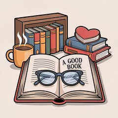 "A Good Book" Sticker Design with Open Book, Glasses, and Coffee
