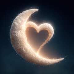 Ethereal dreamlike celestial heart in a night sky with crescent moon love glow and mystic atmosphere cosmic concept