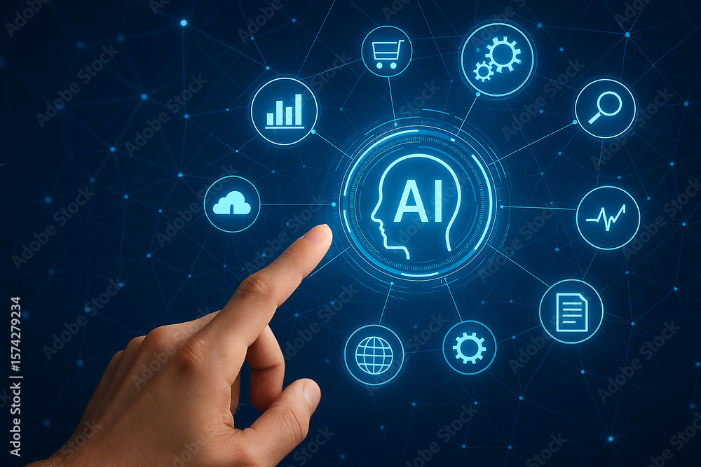 Poster artificial intelligence ai technology concept with hand touching ai digital interface icon 100