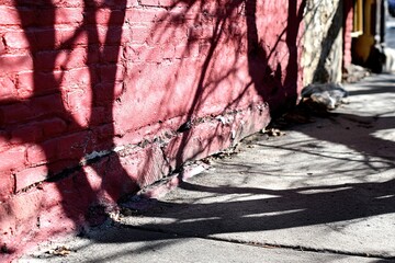 Crimson brick wall, tree shadows on sidewalk