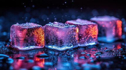 Chilled Ice Cubes Evoke Refreshment in a Dark Ambiance Featuring Dramatic Blue Red Lighting Accents