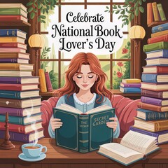Whimsical National Book Lover's Day Celebration with Girl Reading in Library