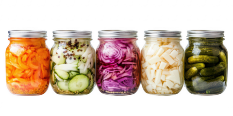 Pickled vegetables in jars arrangement on transparent png background