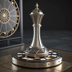 Vintage chess piece and board with antique astronomical clock design elements