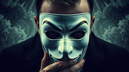 surreal image of man hiding behind a mask, concept of identity crisis. Generative AI