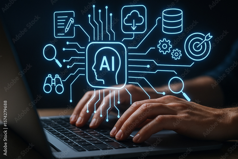 Poster ai artificial intelligence machine learning concept with person typing on a laptop keyboard using ai